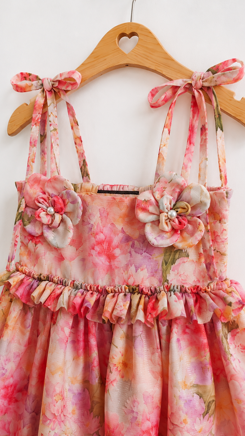 close up of a Floral dress with ruffles on a wooden hanger against a white background