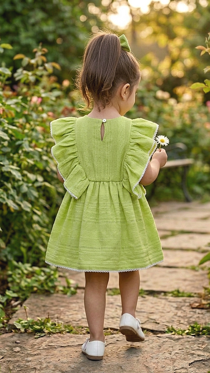 fern daughter dress back view has key hole & ruffles, waist elasticated.