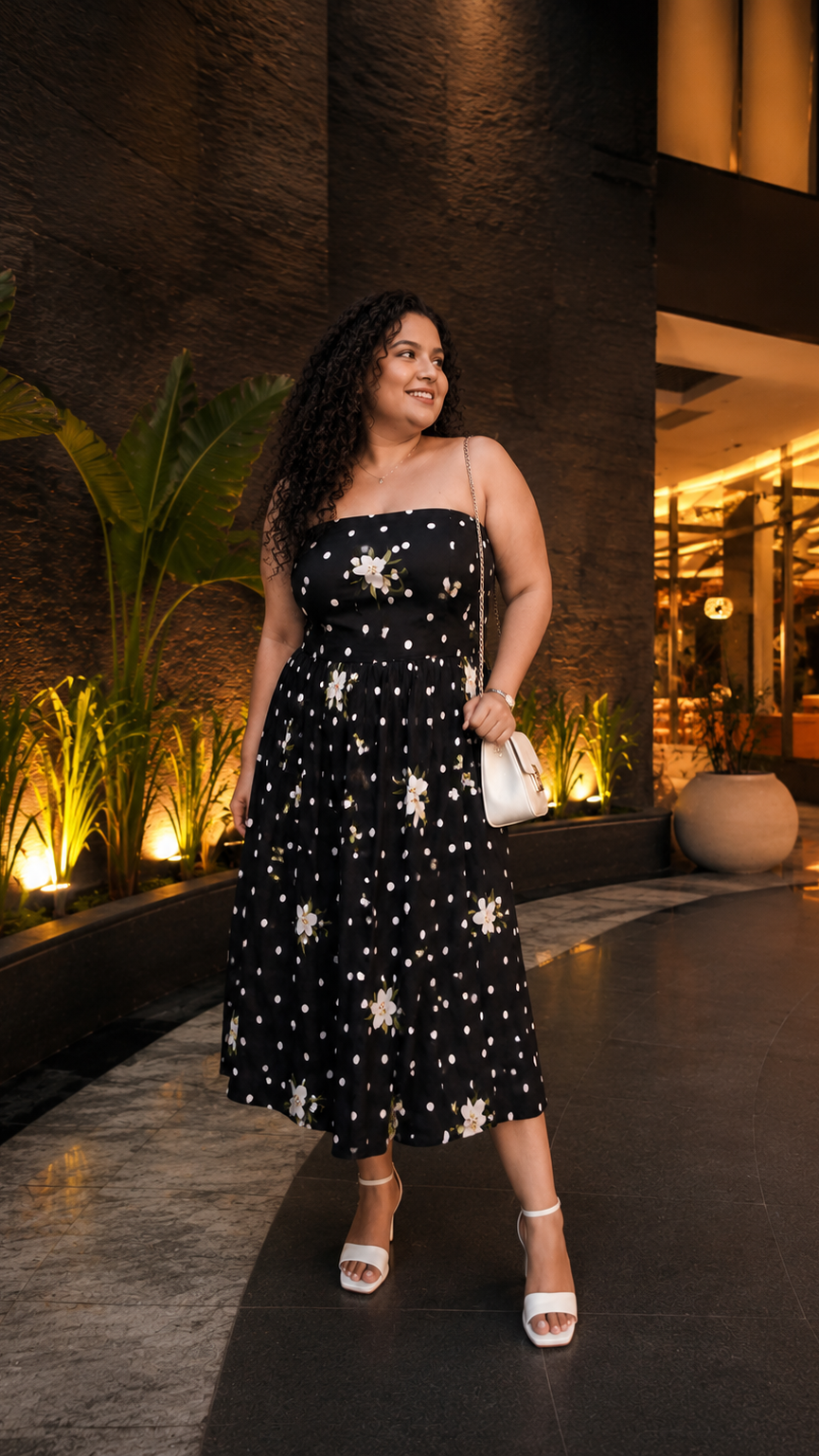 Woman wearing a flattering black floral polka dot midi dress by Soliesse by Muskan. A flowy summer vacation dress with a smocked bodice that suits all body types, including petite, curvy, slim, and plus-size women. Elegant black and white floral midi dress perfect for brunch, resort wear, vacations, beach dinners, and summer outings.