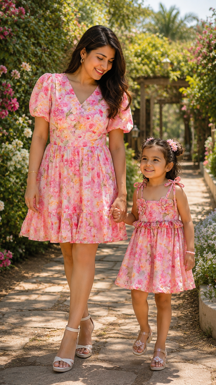 A woman -mom and a toddler girl her daughter walking hand in hand along a sunlit garden path. Both are wearing matching pink floral dresses with puff sleeves and tie-shoulder straps, surrounded by lush greenery and flowers.