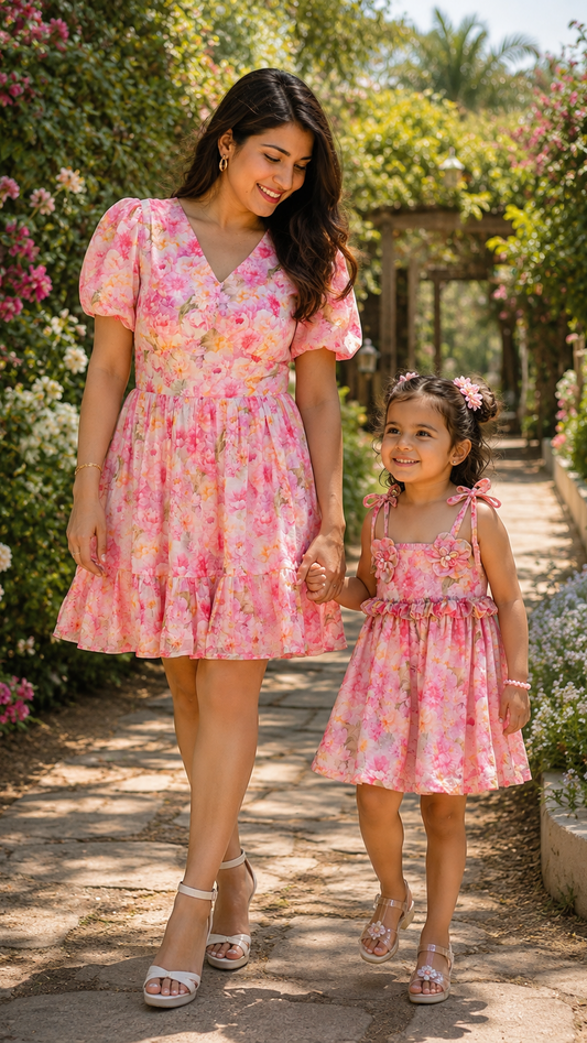A woman -mom and a toddler girl her daughter walking hand in hand along a sunlit garden path. Both are wearing matching pink floral dresses with puff sleeves and tie-shoulder straps, surrounded by lush greenery and flowers.