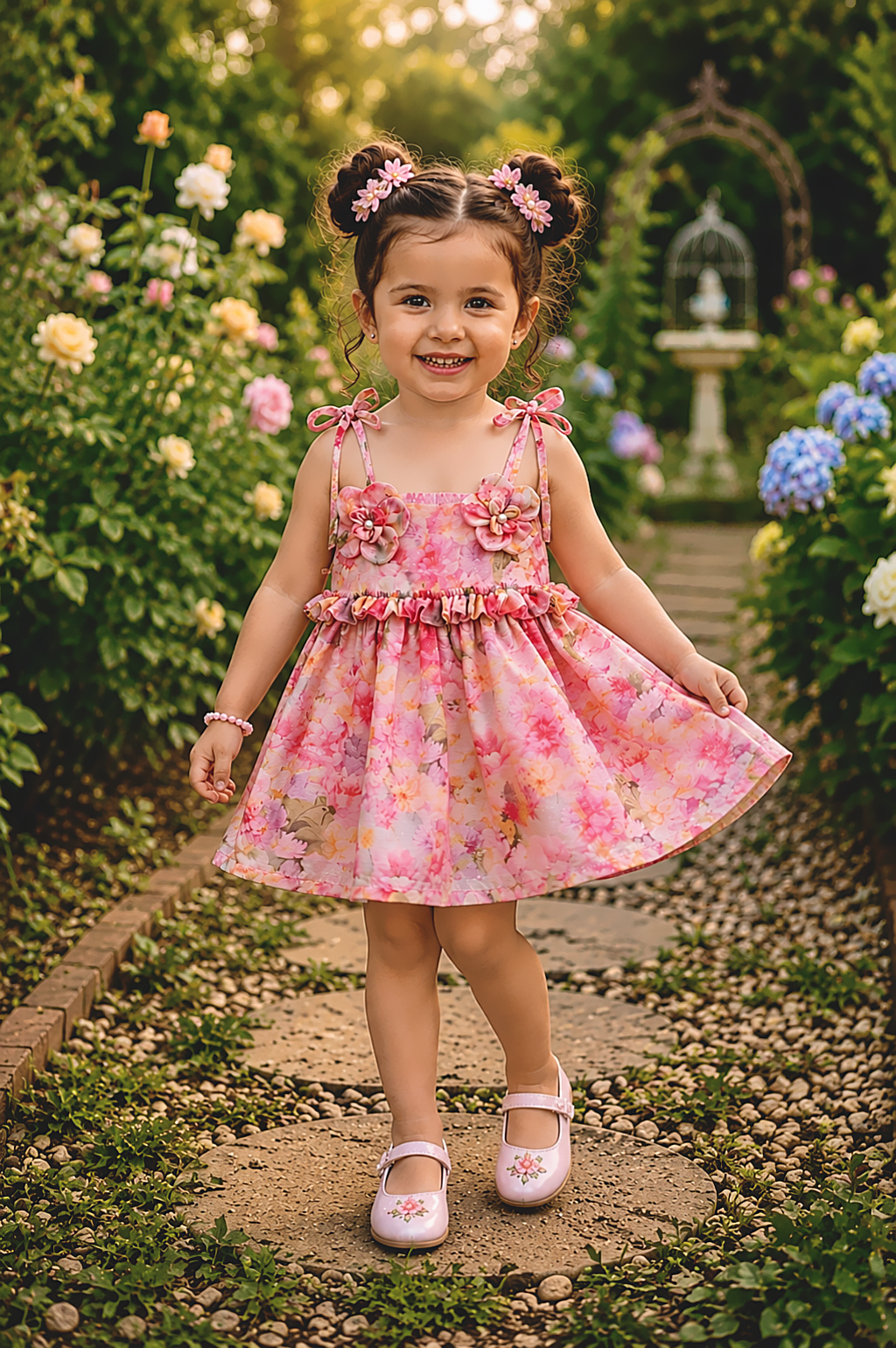 toddler girl in a cute floral ggt dress in pink colors, with frill & 3d floral details.