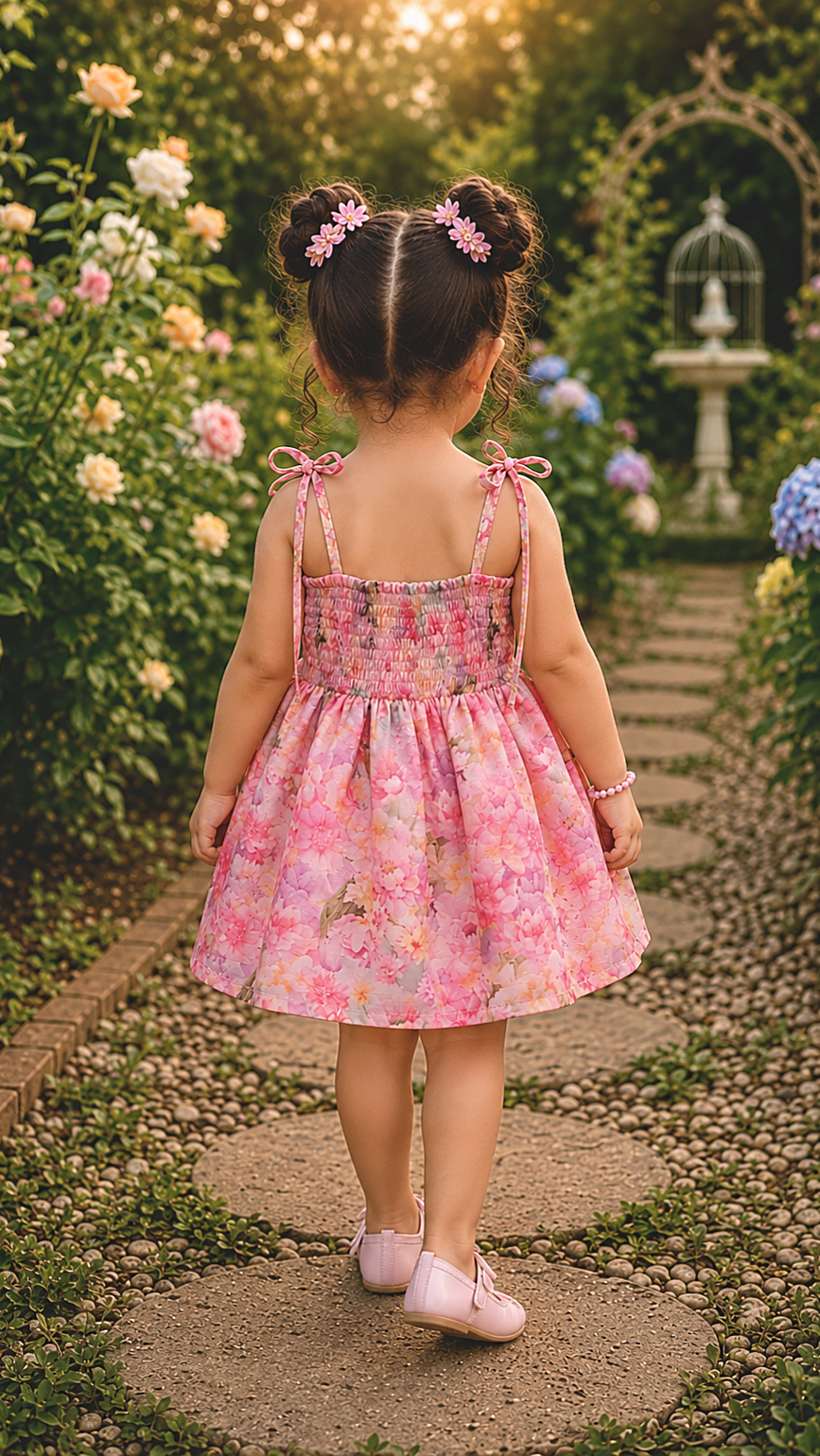 Young girl in a pink floral georgette dress walking through a garden path with flowers on either side.