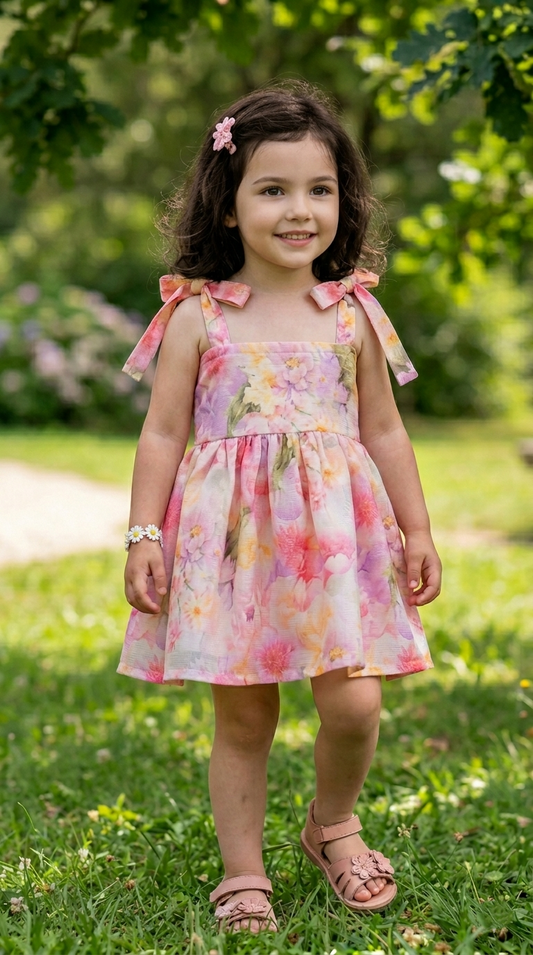 Baby girl floral summer dress in pink georgette with lurex, tie-up shoulders and smocked bodice