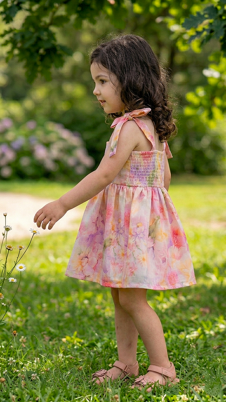 Back view of baby girl dress with smocked bodice and elasticated waist for comfortable fit.