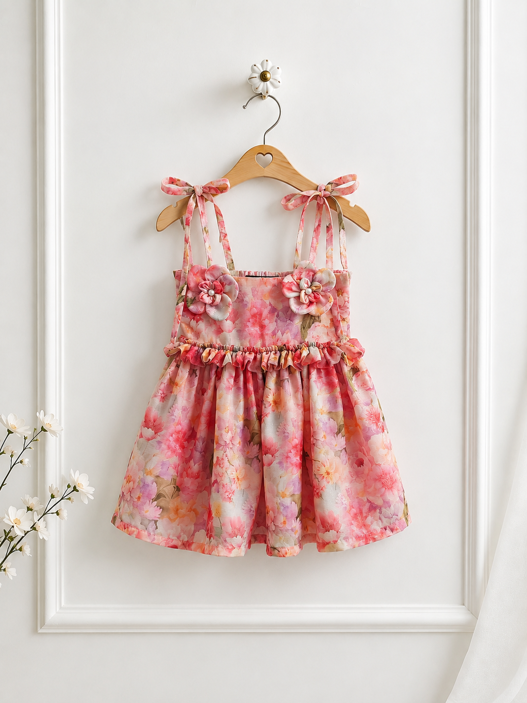 Floral dress hanging on a wooden hanger against a white background