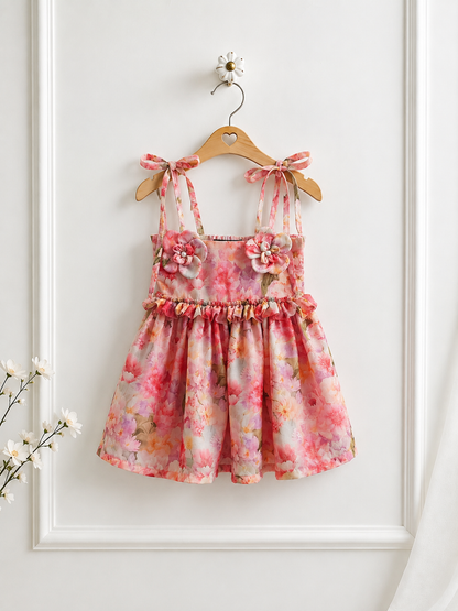 Floral dress hanging on a wooden hanger against a white background