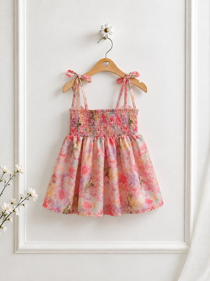 back view of the Floral dress on a hanger against a white background, it has smocking for the top part.