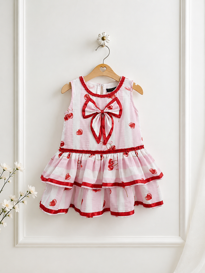 Pink dress with red accents on a wooden hanger against a white, backgroundUTE BIG BOW DETAILING.