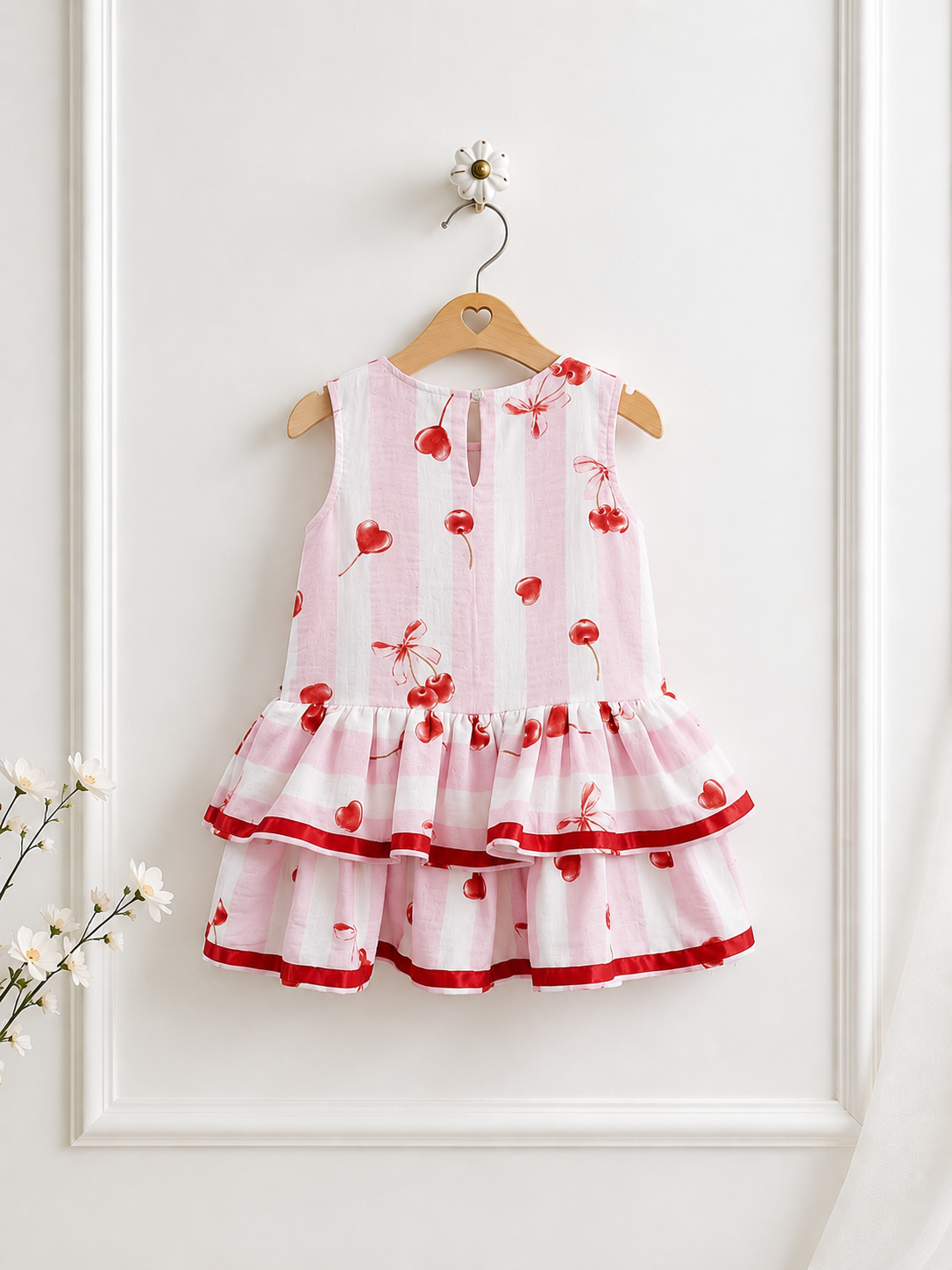 BACK VIEW OF THE CUTE PRINTED DRESS ON A HANGER WITH WHITE BACKGROUND