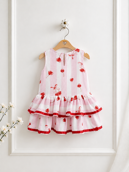 BACK VIEW OF THE CUTE PRINTED DRESS ON A HANGER WITH WHITE BACKGROUND