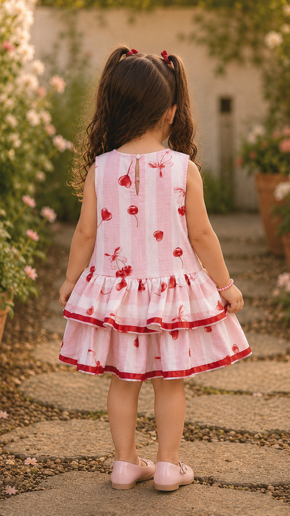 BACK VIEW OF THE STRIPE BOW DRESS, WORN BY A SMALL GIRL, LOOKING CUTE, RED BOW ACCENT DETAIL.