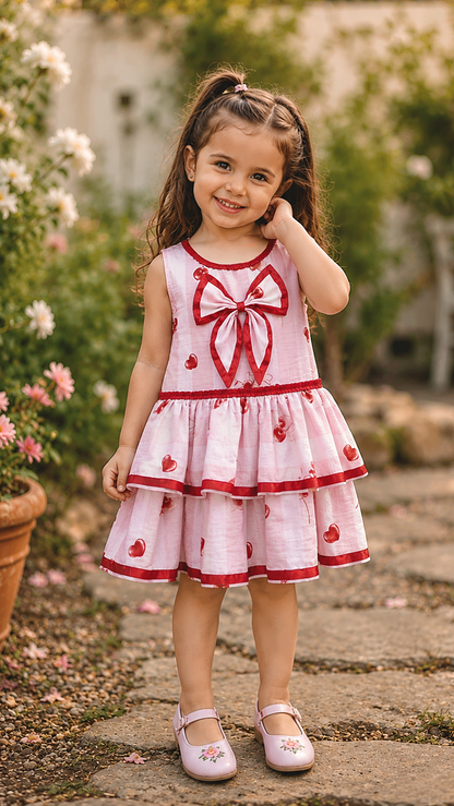 Young girl in a pink dress with red details standing outdoors in a garden. ITS A 3 YR OLD GIRL DRESS, CUTE LOOK FOR SUMMER.