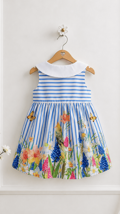 Back view of chloe baby girl dress by soliesse - striped with floral print border dress for toddlers. perfect for summer picnics, birthdays.