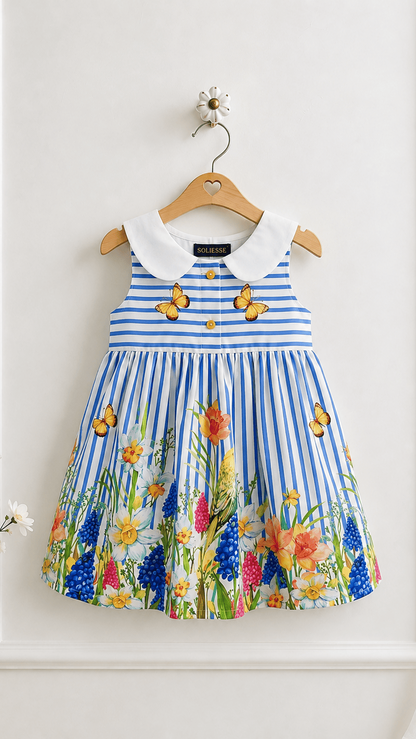 Front hanger view of chloe baby girl dress by soliesse - striped with floral print border dress for toddlers. perfect for summer picnics, birthdays.