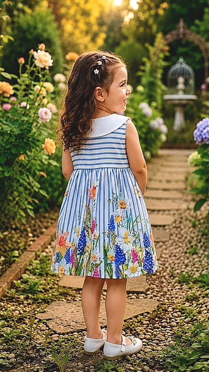 Back view of baby girl floral stripe dress with gathered waist and white collar in garden. Cute baby girl summer dress.