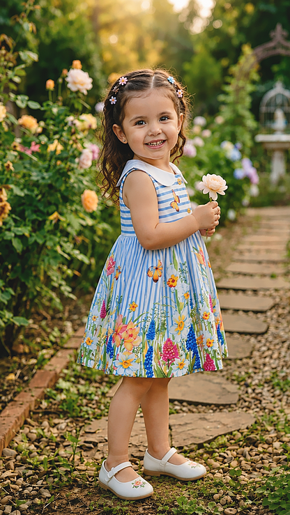 Side pose of baby girl wearing floral striped A-line summer dress holding flower in garden. cute looking.