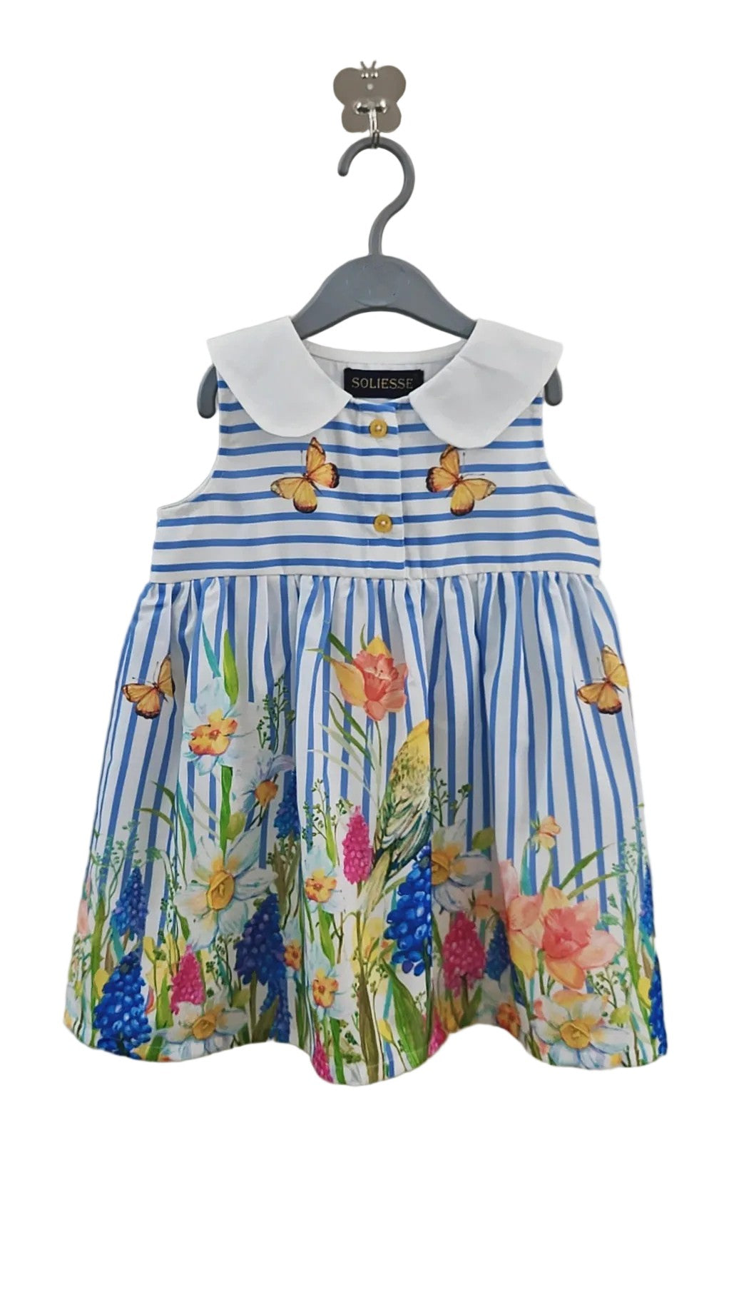 Front view of Chloe Baby Girl floral stripe dress with Peter Pan collar on hanger