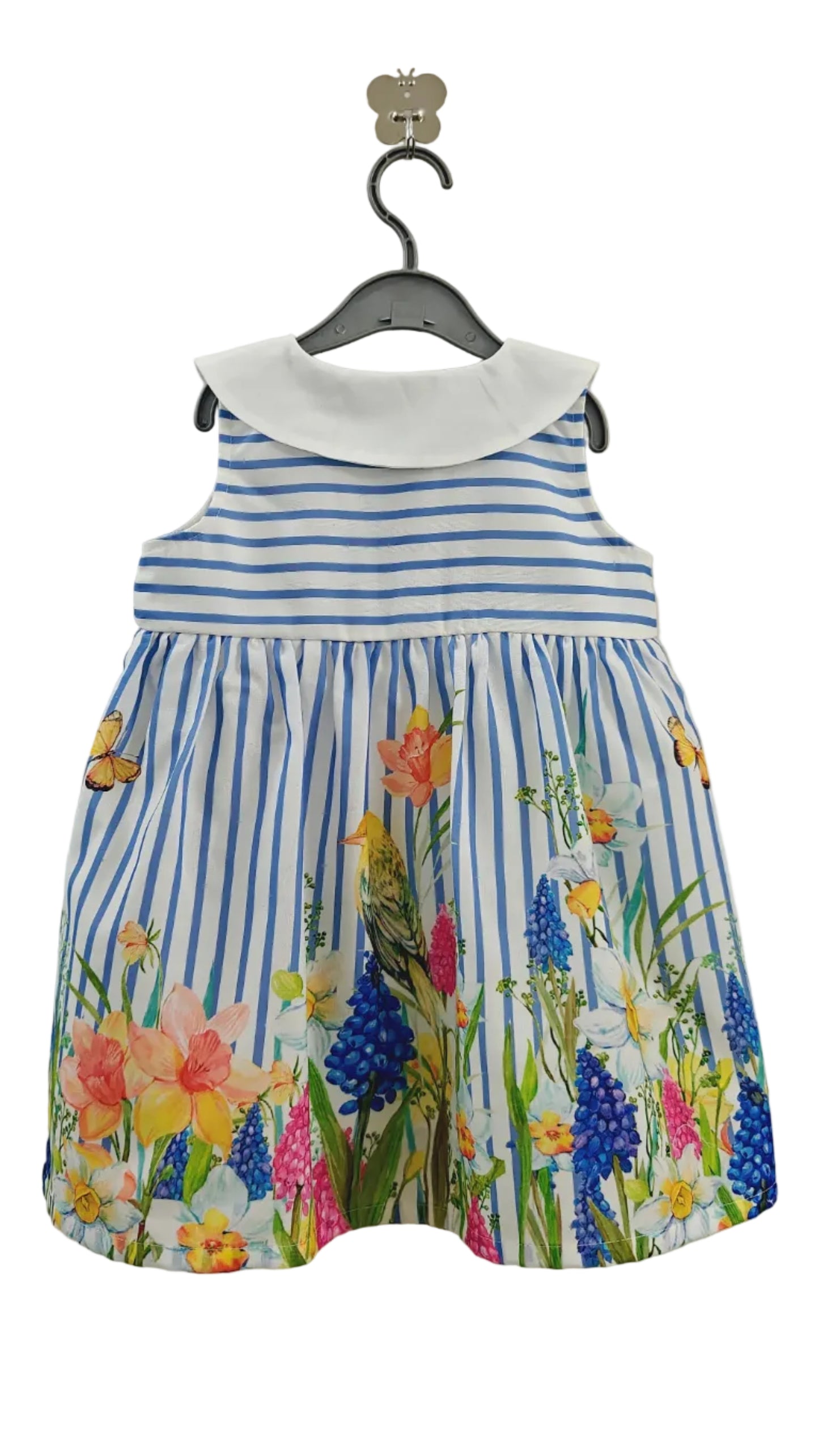 Back view of Chloe Baby Girl floral stripe dress with Peter Pan collar on hanger