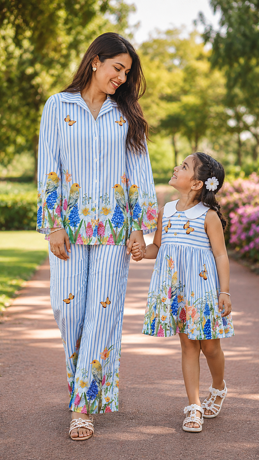 
Chloe mother daughter twinning set featuring matching floral and blue stripe summer outfits, mom in linen cotton co-ord set and baby girl in floral cotton linen dress.
