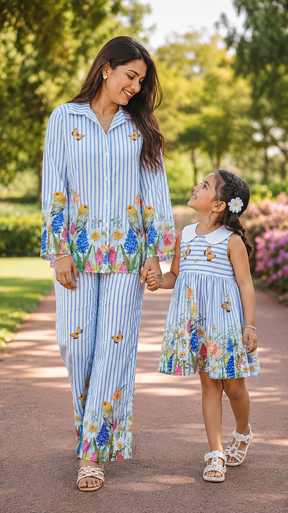 
Chloe mother daughter twinning set featuring matching floral and blue stripe summer outfits, mom in linen cotton co-ord set and baby girl in floral cotton linen dress.
