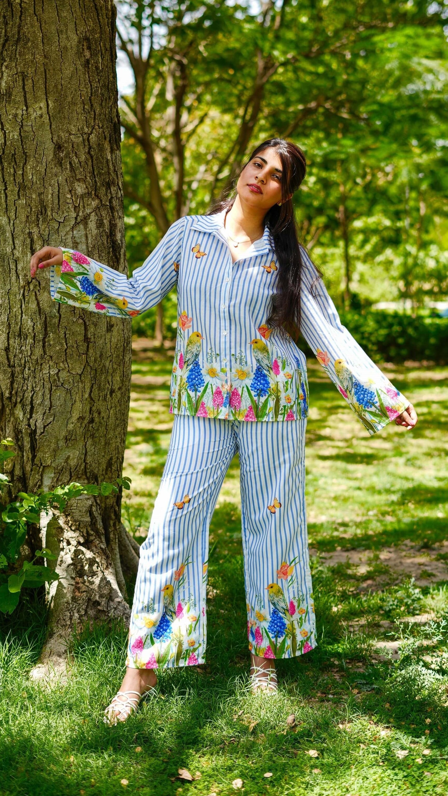 Chloe coord set - stripes with floral cotton linen digital printed set for summer outings.
