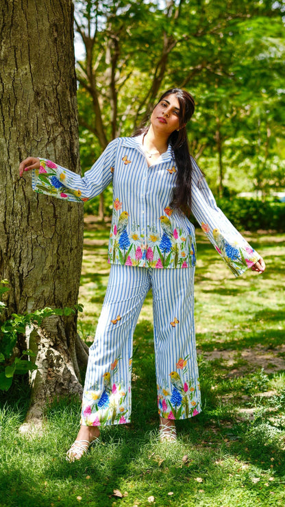 Chloe coord set - stripes with floral cotton linen digital printed set for summer outings.