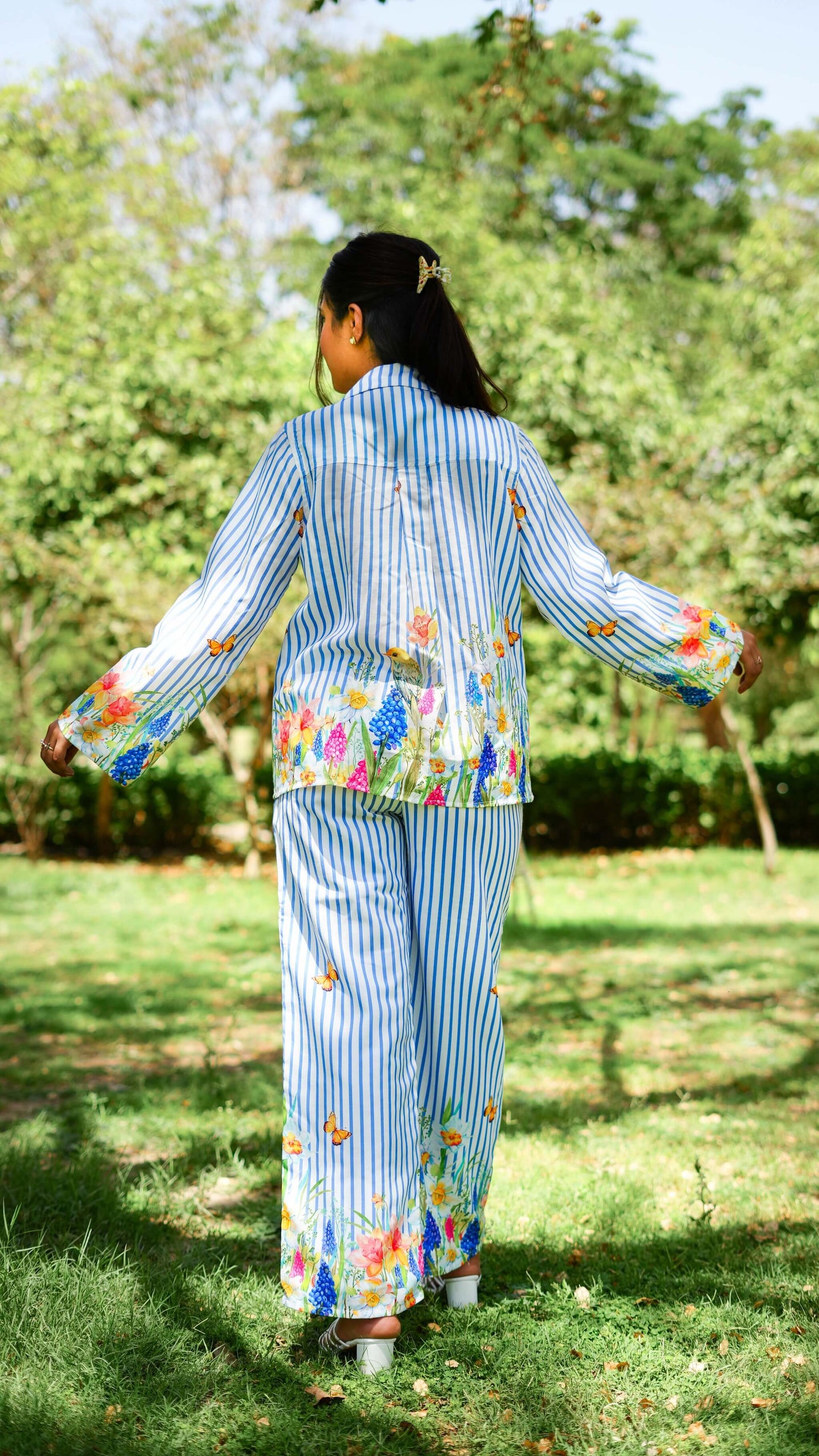 Chloe coord set in cotton linene fabric, printed in beautiful summer digital print-stripe & florals....