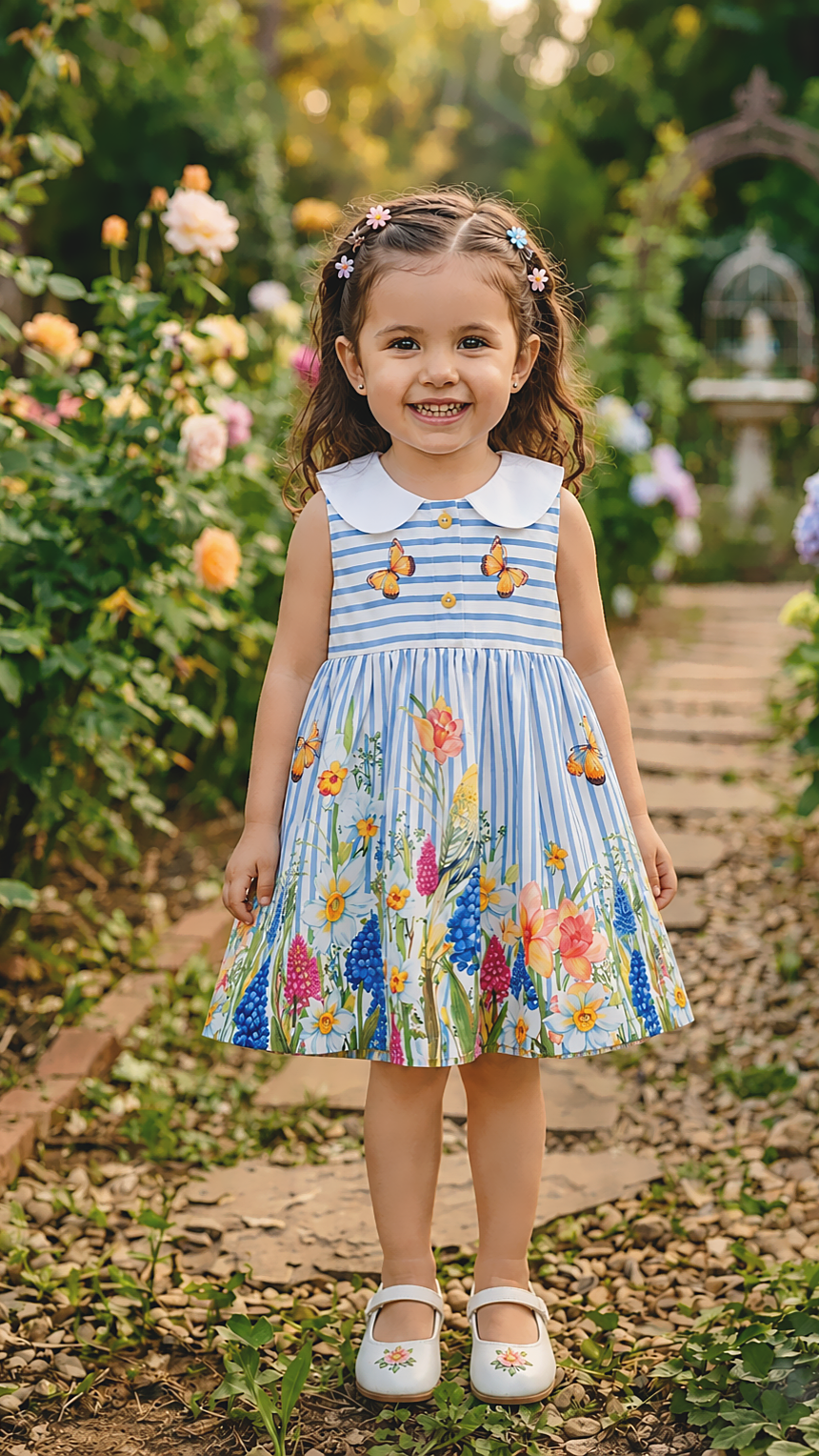 Chloe toddler sumemr short dress in cotton linen fabric & floral stripe print