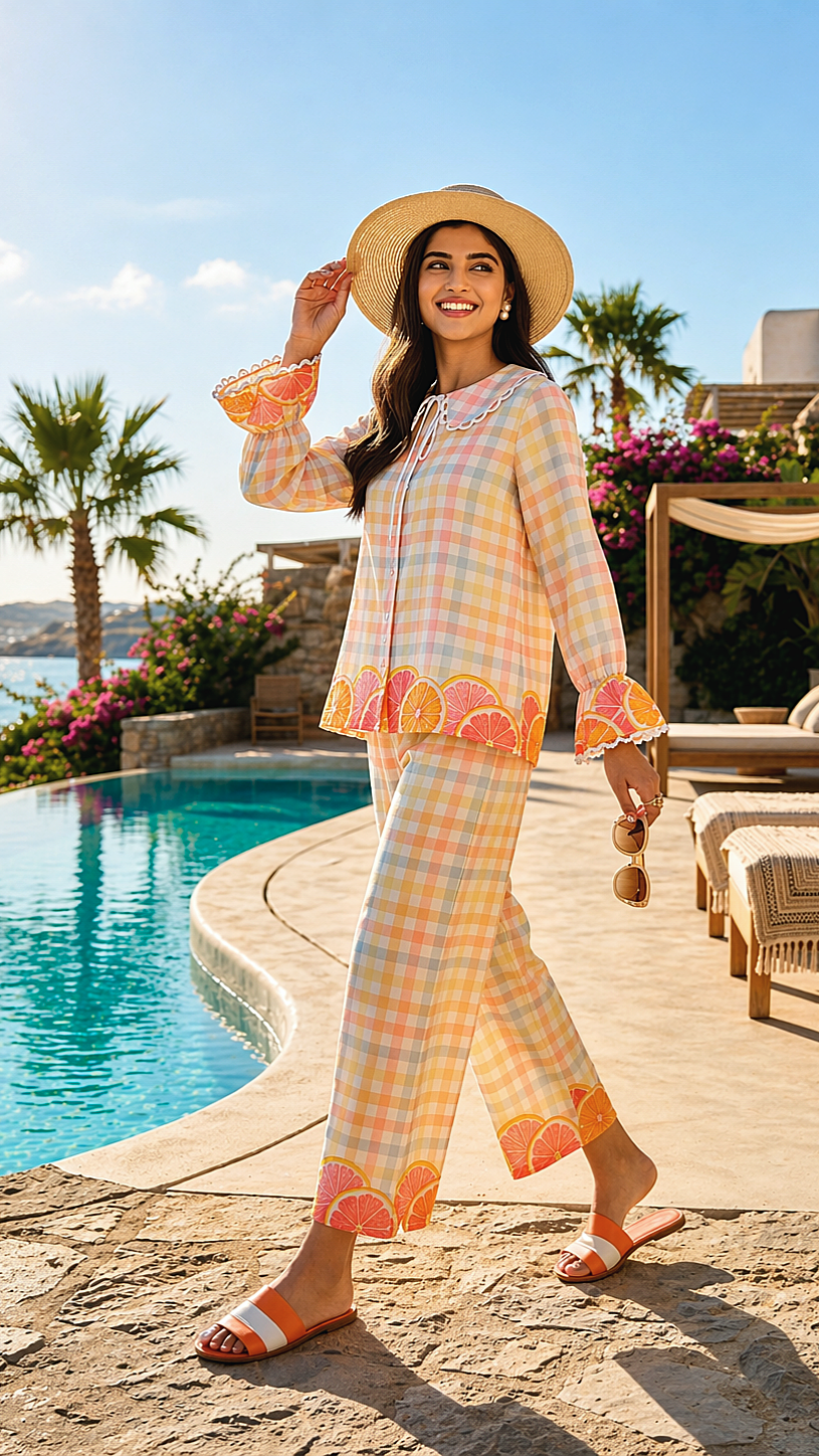 Front view of citrus printed cotton co-ord set with check pattern and peter pan collar shirt, styled beautifully at a vacation pool side