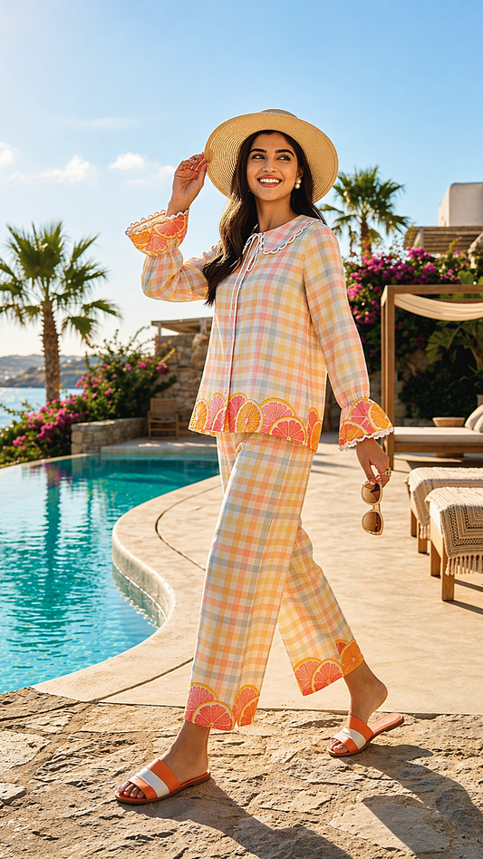 Front view of citrus printed cotton co-ord set with check pattern and peter pan collar shirt, styled beautifully at a vacation pool side