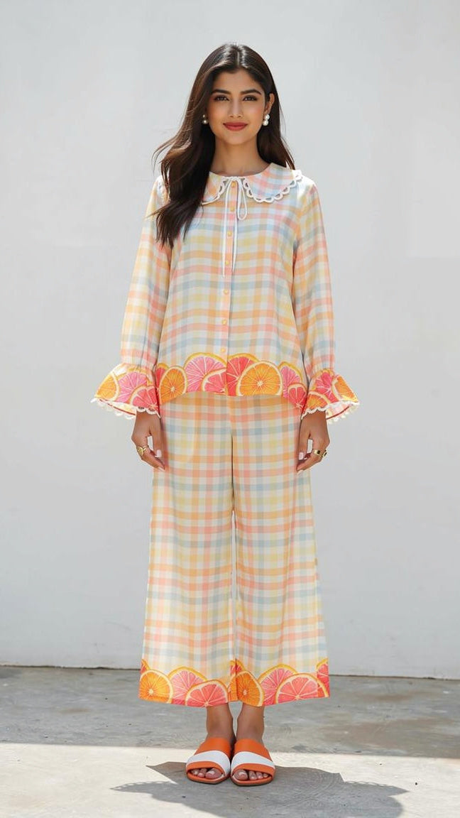 BEUATIFUL MSUMME RPRINT CITRUS & CHEKC MOTIF COORD SET, FOR THIS SUMMER, CHIC & CUTE SUMMER LOOK.