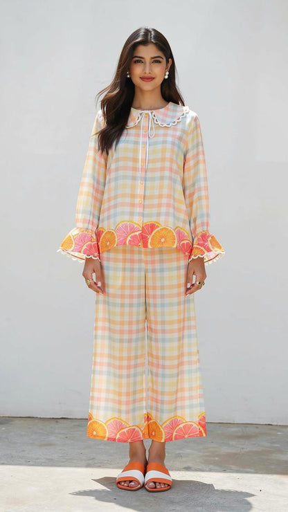 BEUATIFUL MSUMME RPRINT CITRUS & CHEKC MOTIF COORD SET, FOR THIS SUMMER, CHIC & CUTE SUMMER LOOK.