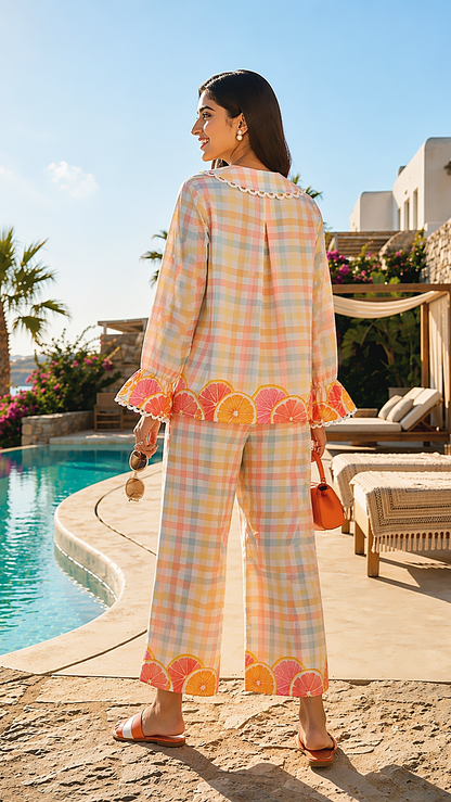 CUTE PRINTED PANTS - CHECK PRINT WITH CITRUS PRINT BORDER, BACK VIEW  POSE. RELAXED FIT PANTS.