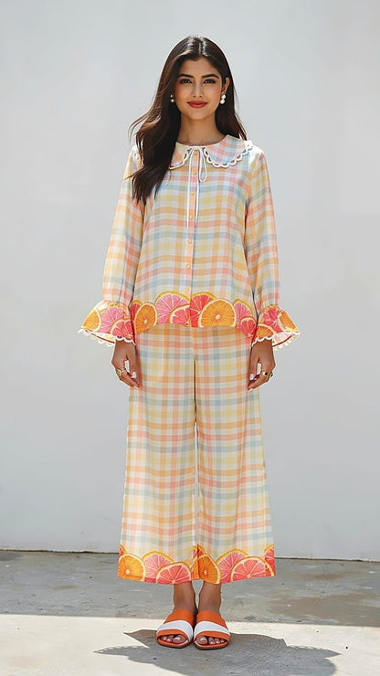 CUTE PRINTED PANTS - CHECK PRINT WITH CITRUS PRINT BORDER, FRONT VIEW  POSE. RELAXED FIT PANTS.