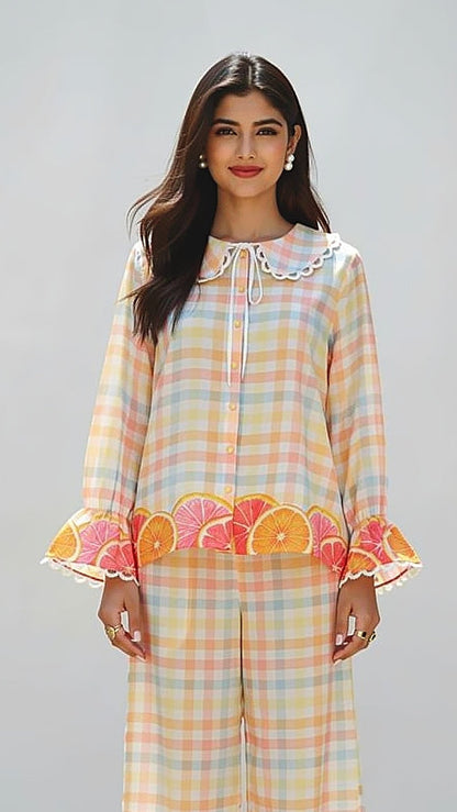 CITRUS PRINT CHECK SUMMER SHIRT FRONT VIEW, RELAXED FIT, PERFECT FOR SUMMER.