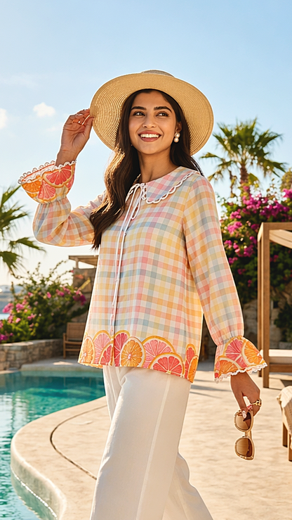 A WOMEN WEARING CITRUS PRINT COTTON SHIRT 3/4TH ANGLE AT HER VACATION, PERFECT FOR SUMMER.