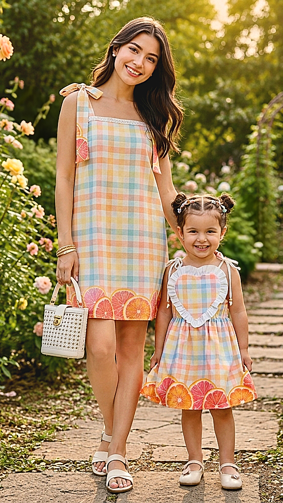 A woman (mom) and a young girl her daughter wearing matching pastel plaid dresses with orange citrus graphics at the hem, standing on a garden path surrounded by flowers.