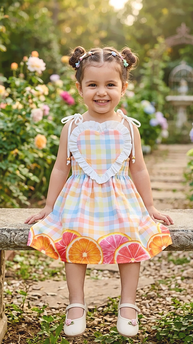 Young  small baby girl in a colorful dress  with citrus border print & cute heart frill detailing on it, stitting on a wooden bench in a garden.