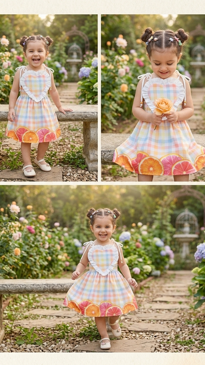 Young  small baby girl in a colorful dress  with citrus border print & cute heart frill detailing on it, stitting on a wooden bench in a garden.