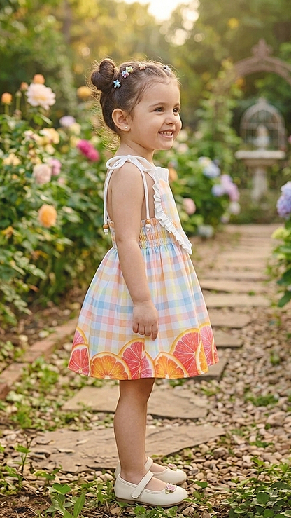 Young  small baby girl in a colourful dress  with citrus border print & cute heart frill detailing on it, standing  in a garden.