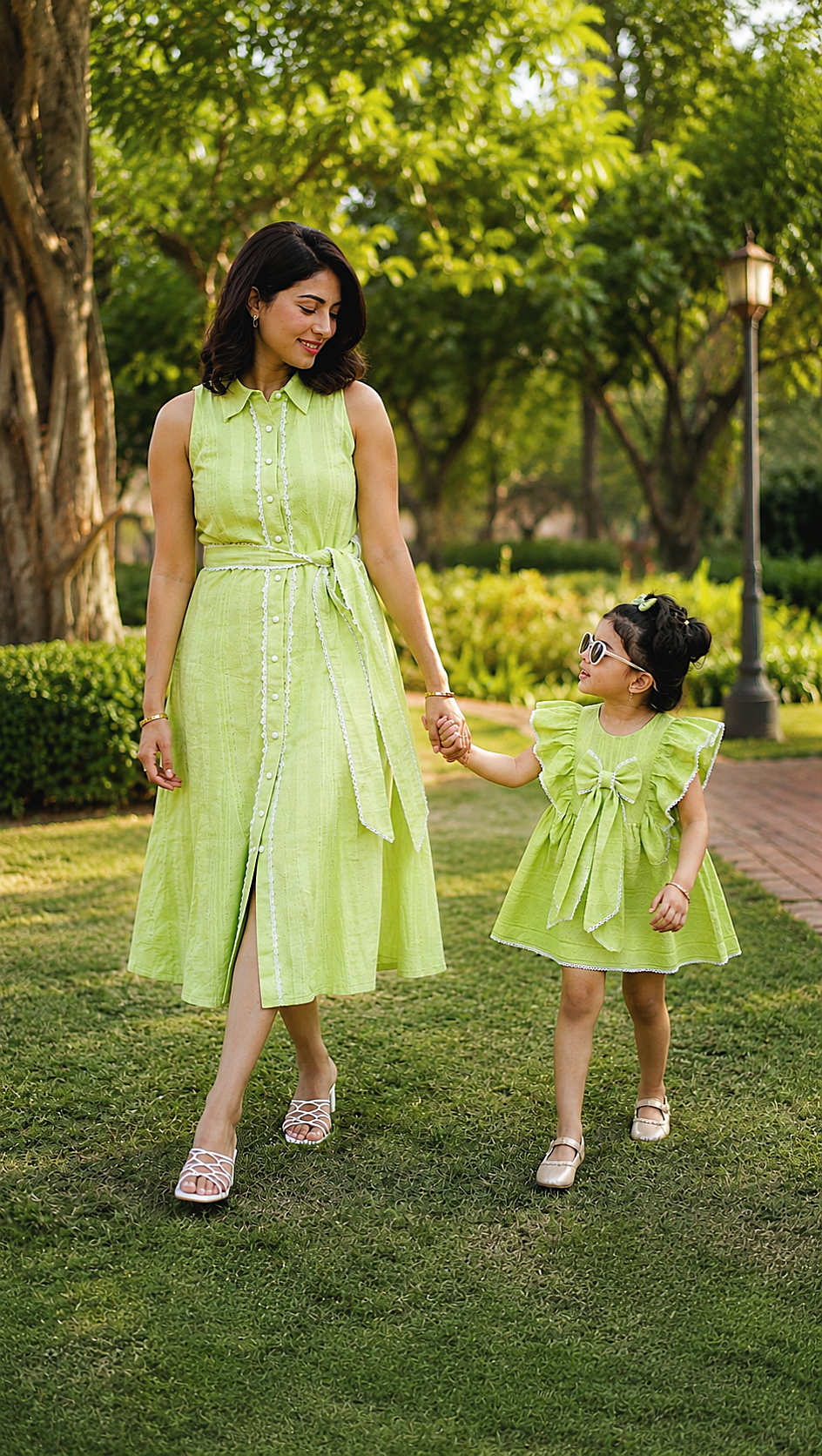 A woman mom and a young girl her daughter walking hand in hand on a grassy park path, both wearing matching light lime green sleeveless dresses with white lace trim and bow details. twinning outfits by soliesse.
