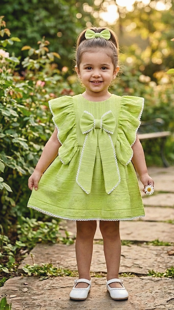 Fern daughter dress, summer short dress in lime green color with ruffle, bow detailing & contrats white lace eding.