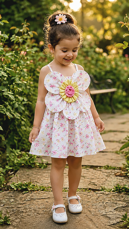 Cute baby girl wearing floral sundress with statement flower detailing and white shoes