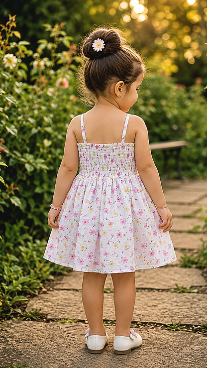 Back view of baby girl floral dress featuring smocked elastic back and adjustable straps 