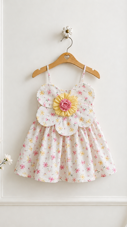 A toddler girl's sleeveless dress with a white base and a delicate pink and yellow floral print, hanging on a wooden hanger against a white paneled wall. The dress features a layered ruffle bodice with a large fabric flower applique in yellow and pink at the center.
