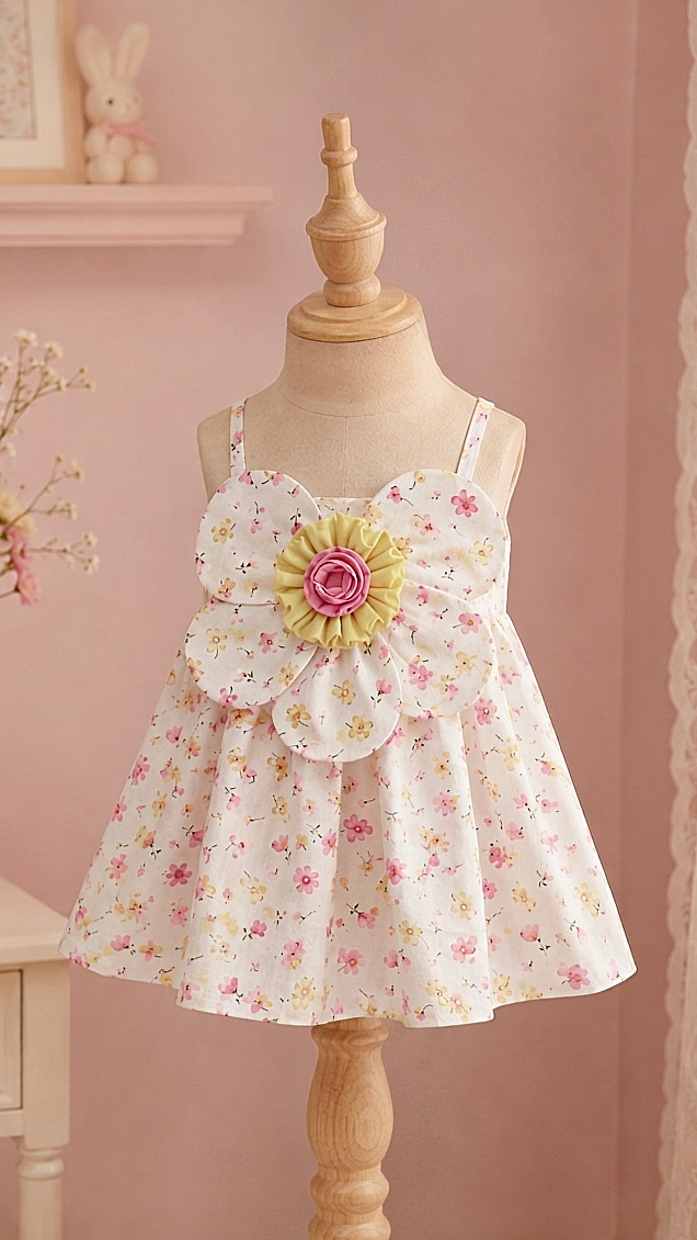 A toddler girl's sleeveless dress with a white floral print and a large fabric flower applique at the center, displayed on a wooden mannequin in a soft pink room setting.