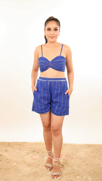 Nova set, showcasing shorts & crop top in lurex cotton fabric in royal blue color. perfect for resort wear or each wear.