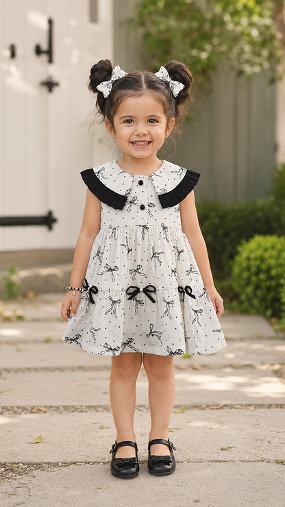 cute girl 3 yr dold wearing a polka & bow print tiered dress in white color, cute peterpan collar with frill detailing. cute day look 