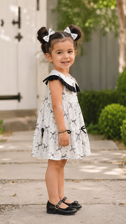 stylish baby girl summer outfit with frill peter pan collar & tiered bow print  dress in outdoor setting.